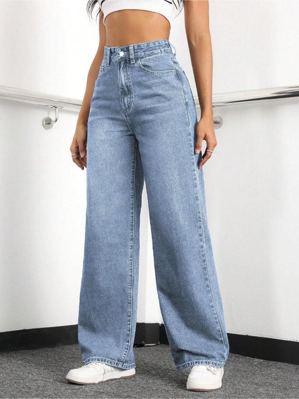 Women's Light Blue Baggy Trendy Five Pockets High Waisted Wide Leg Denim Pants - Picture 6 of 6